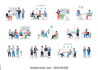 Business people character in office set. Person in suit doing different activities. Office presentation and finance operation. Vector illustration in cartoon style