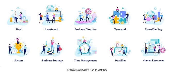 Business people character in office set. Person in suit doing different activities. Office presentation and finance operation. Vector illustration in cartoon style