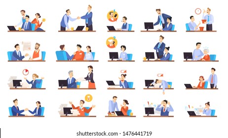 Business people character in office set. Person in suit doing different activities. Office presentation and finance operation. Vector illustration in cartoon style