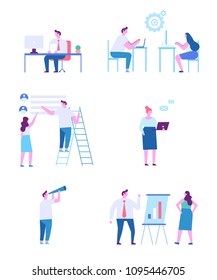 Business people character set. Teamwork. Working together in the company. Brainstorming, searching for new ideas solutions. Flat vector illustration isolated on white.