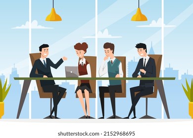 Business People Character Sitting at Table Working in Team Vector Illustration