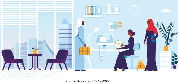 Business People Characters in Arabic Dresses in Office. Man with Suitcase Stand at Table with Woman in Abaya Writing Document. Oil Tycoon, Business Magnet, Feminism, Cartoon Flat Vector Illustration.