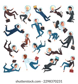 Business People Characters in Astronaut Helmets Flying in Outer Space Big Vector Set