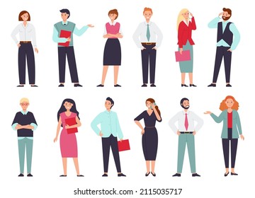 Business people characters. Businessman and managers, group of adult commercial office women and men. Corporate team talk smartphones, decent vector set