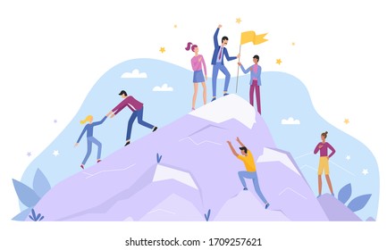 Business people characters climb top peak landing page flat vector illustration concept. Leadership and teamwork, Team leader show way, motivate to success, award trophy flag, competitive environment.