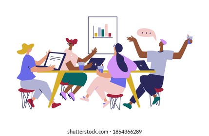 Business People Characters In Co Working Place. Businessman And Businesswoman Working, Discussing And Meeting In Open Space Office. Coworkers And Freelancers Team. Flat Cartoon Vector Illustration.