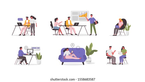 Business People Characters in Coworking Place. Businessman and Businesswoman Working, Discussing and Meeting in Open Space Office. Coworkers and Freelancers Team. Flat Cartoon Vector Illustration.