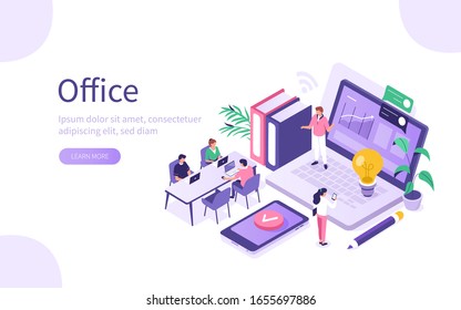 Business People Characters in Coworking Place. Businessman and Businesswoman Working, Discussing and Meeting in Open Space Office. Coworkers and Freelancers Team. Flat Isometric Vector Illustration.