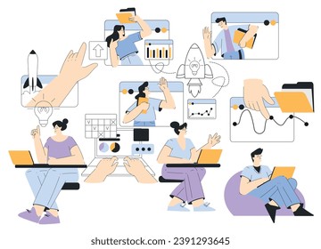 Caracteres de personas de negocios que participan en la ilustración de vectores de procesos de trabajo