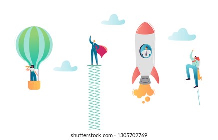 Business People Characters Flying in Air Balloon and Rocket. Super Businessman, Man in Red Cape Career Growth. Solution and Innovation Concept. Vector illustration