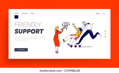 Business People Characters Fooling Take Part in Chair Racing in Office Landing Page Template. Company Colleagues Shouting, Cheering and Shoot Slapstick, Riding Armchair. Linear Vector Illustration