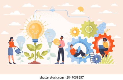 Business people characters are generating and maturing new ideas in the form of a lightbulb. Concept of brainstorming, business teamwork, finding new solutions. Flat cartoon vector illustration