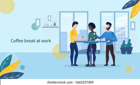 Business people characters having coffee break time lunch. Office life concept. Colleagues taking a break in the office. Office work. Flat Vector Illustration