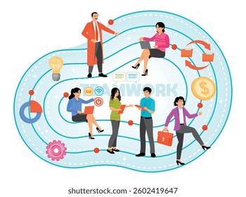 Business people characters and icons working over line process.Idea of strategy and achievement in teamwork. teamwork concept. flat vector illustration