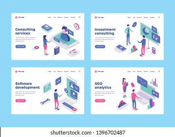 Business people characters interact with icons. Landing page templates. 3d isometric vector illustrations set.