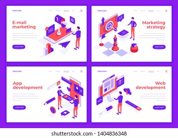 Business people characters interact with icons. Landing page templates. 3d isometric vector illustrations set.