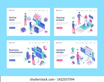 Business people characters interact with icons. Landing page templates. 3d isometric vector illustrations set.