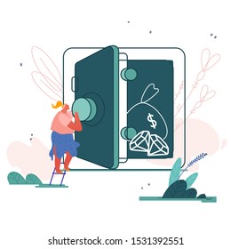 Business People Characters Investing Money on Bank Account. Woman with Moneybox, Safe Deposit, Banking Cash, Money Savings Concept. Flat Cartoon Vector illustration