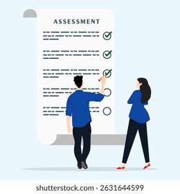 Business people characters are making a list of assesment on paper. Concept evaluation of risk with checklist from office workers. Results and feedback, analyzing the level of potential.