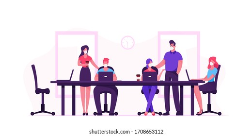 Business People Characters in Medical Masks Sitting at Desk during Board Meeting Discussing Idea in Office during Covid19 Pandemic. Team Project Development, Teamwork. Cartoon Vector Illustration