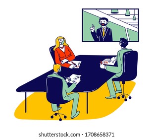 Business People Characters in Medical Masks Sitting in Office for Online Meeting Presentation or Webinar. Video Conference Distant Communication during Covid19 Pandemic. Linear Vector Illustration