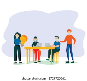 Business People Characters in Medical Masks Sitting at Desk at Board Meeting Discussing Idea in Office. Team Project Brainstorm, Teamwork Process during Covid19 Quarantine. Cartoon Vector Illustration