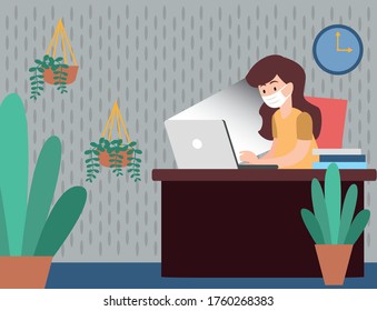 Business People Characters in Medical Masks Sitting at Desk in Office. Social distancing in office, work Process during Covid19 Quarantine. Cartoon Vector Illustration
