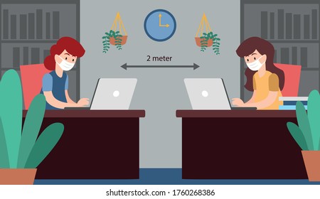 Business People Characters in Medical Masks Sitting at Desk in Office. Social distancing in office, work Process during Covid19 Quarantine. Cartoon Vector Illustration