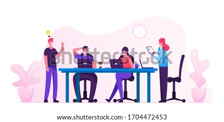 Business People Characters in Medical Masks Sitting at Desk at Board Meeting Discussing Idea in Office. Team Project Brainstorm, Teamwork Process during Covid19 Quarantine. Cartoon Vector Illustration