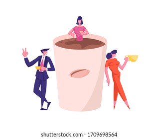 Business People Characters with Mugs at Huge Cup, Colleagues Having Coffee Break in Meeting Room, Friends Drinking Beverages after Work Having Friendly Conversation. Cartoon Vector Illustration