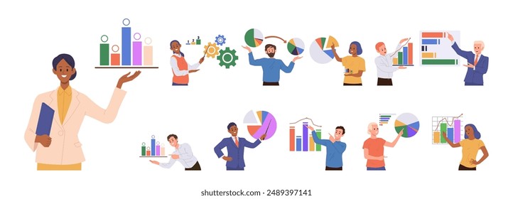 Business people characters performing benchmark market analysis and financial data charts big set