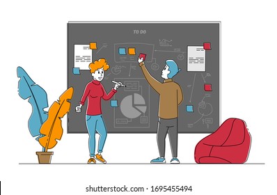 Business People Characters Put Stick Notes and Painting Graphs on Scrum Board Create Task Strategy of Project Management. Agile Software Development and Kanban Technology. Linear Vector Illustration