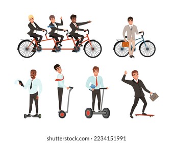 Business People Characters Riding Transport Like Hoverboard, Bike and Skateboard Vector Set