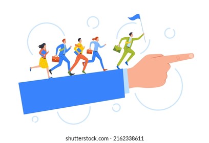 Business People Characters Run by Huge Hand with Index Finger Showing Direction. Business Team Leadership, Colleagues Chase Successful Leader, Teamwork, Challenge Concept. Cartoon Vector Illustration