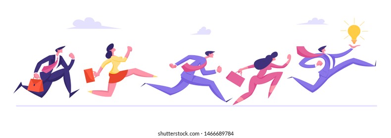 Business People Characters Running by Row Following Businessman Holding Huge Glowing Light Bulb in Hands, Leadership, Creative Idea, Colleagues Chase Successful Leader Cartoon Flat Vector Illustration