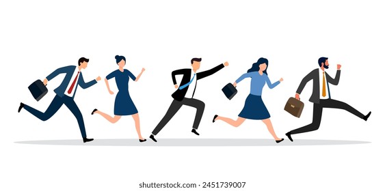 Business people characters running by row in flat design on white background. Colleagues chase. Business competition.