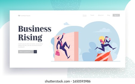 Business People Characters Running Competition Website Landing Page. Businessmen Holding Huge Lamp and Briefcase Jump over Barriers. Colleagues Chase Web Page Banner. Cartoon Flat Vector Illustration