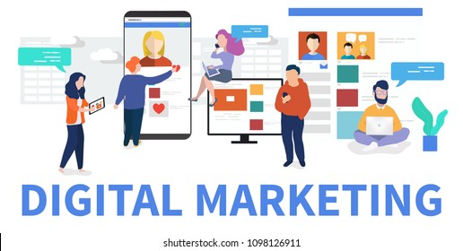 Business People Characters Scene. Digital Marketing Specialist. Vector Office Concept Of Business People. Flat Design. Stock Vector