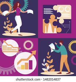 Business People Characters Set with Analytics Graphs and Charts. Man and Woman Working with Paper Documents Doing Data Analysis or Prepare Project Report Statistics Cartoon Flat Vector Illustration