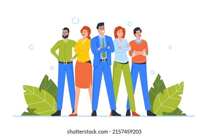 Business People Characters Stand Together with Crossed Arms. Businessmen and Businesswomen Joyful Managers Team, Creative Perfect Teamworking Group Office Employees. Cartoon Vector Illustration