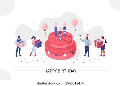 Business People Characters standing near Birthday Cake and Celebrating. Woman and Man holding Gift and Balloons. Friends Enjoying the Party. Happy Birthday Concept. Flat Isometric Vector Illustration.