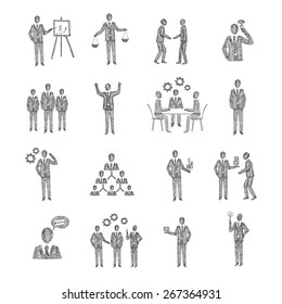 Business people characters team meeting partnership corporate hierarchy icons sketch set isolated vector illustration