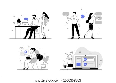 Business People Characters Together Set. Man and Woman Working, Discussing and Meeting in Coworking Office. Coworkers and Freelancers Creative Team. Flat Line Vector Illustration.