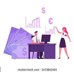 Business People Characters Traders Working on Computer Sell and Buy Currency, Palladium, Company Bonds and Precious Metals on Stock Market. Broker Service Pc Application. Cartoon Vector Illustration