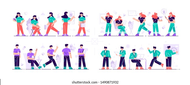 Business people characters. Business women, men in casual clothes. character with different poses and actions. Vector illustration flat design isolated on white background. Man and woman set. 