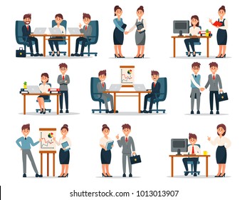 Business People Characters At Work Set, Male And Female Workers At Workplace In Office Cartoon Vector Illustrations
