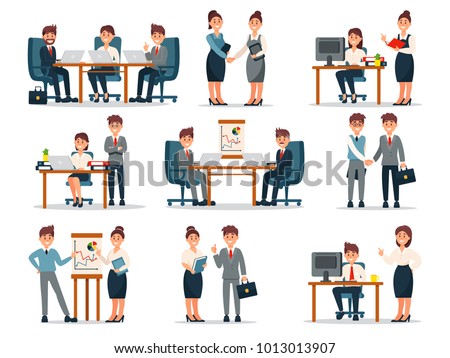 Business people characters at work set, male and female workers at workplace in office cartoon vector Illustrations