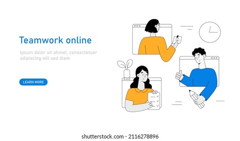 Business people characters work together online. A man and a woman sign a contract. Team metaphor and business solution. Teamwork concept. Outline vector illustration.