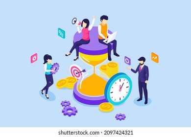 Business people characters are working near a giant hourglass. Effective business work scheduling and Time Planning. Time Management concept. isometric vector illustration