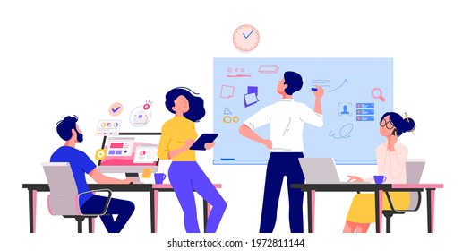 Business people characters working in the office. Minimal co-working space. Group of working office employees. Startup vector illustration. Team project, brainstorm, teamwork process during quarantine